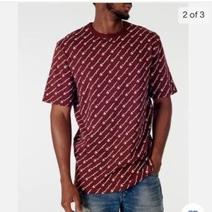 Champion Heritage Spell Out All-Over Logo Crew Neck Tee Shirt, maroon medium